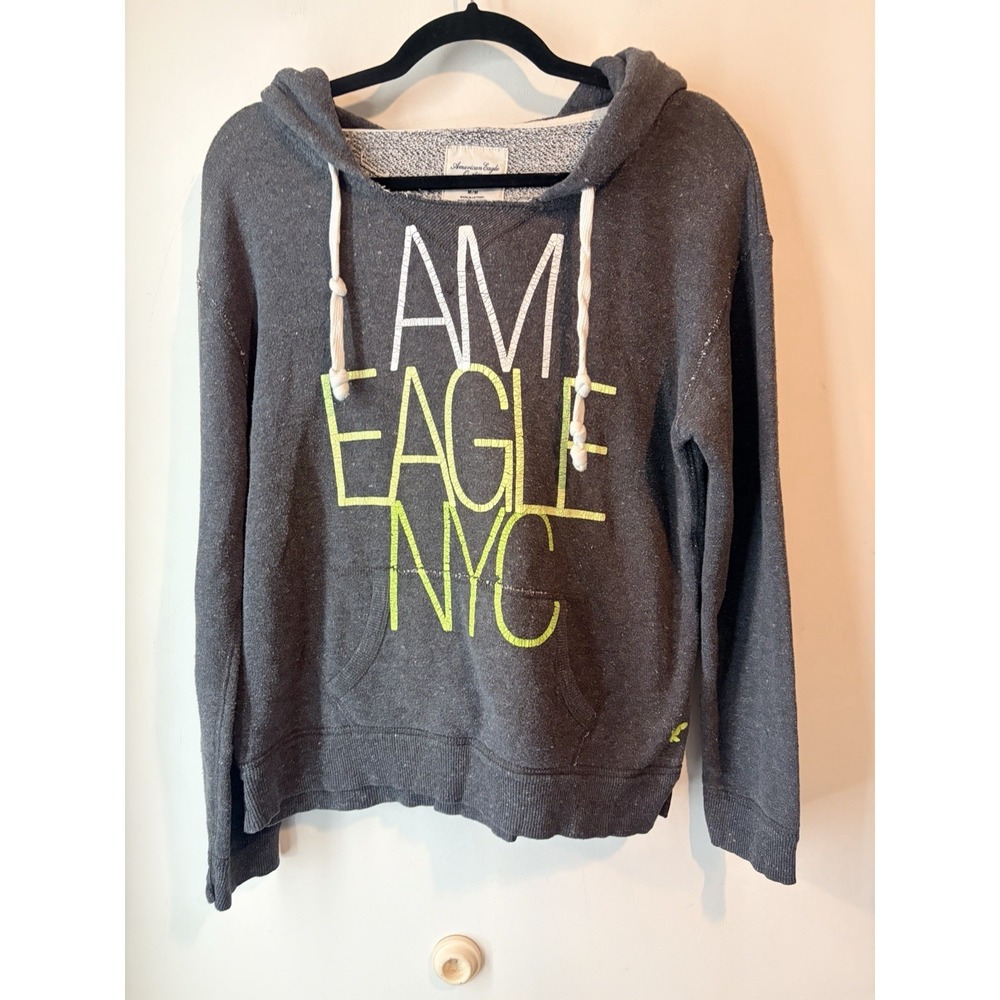 Y2K American Eagle Womens Medium Gray Pullover Hoodie AEO NYC Graphic Sweatshirt